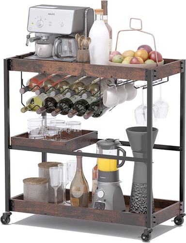 Sykit Bar Cart,3-tier Coffee Bar Wheels 10-bottle Wine Rack