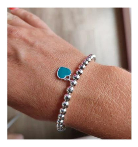 Imagen 5 de 7 de Pulsera Mujer Plata Corazón Azul Esmaltado Bolitas Plata