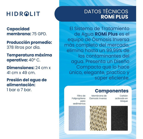 Filtro de agua Hidrolit Romi Plus 5 Etapas Bomba 400 litros/d color blanco 24v