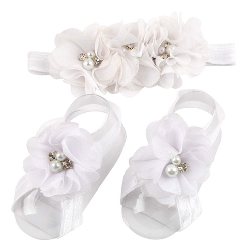 Flor De Pie De Nia Blanca + Diadema (bbfj-1), Blanco,