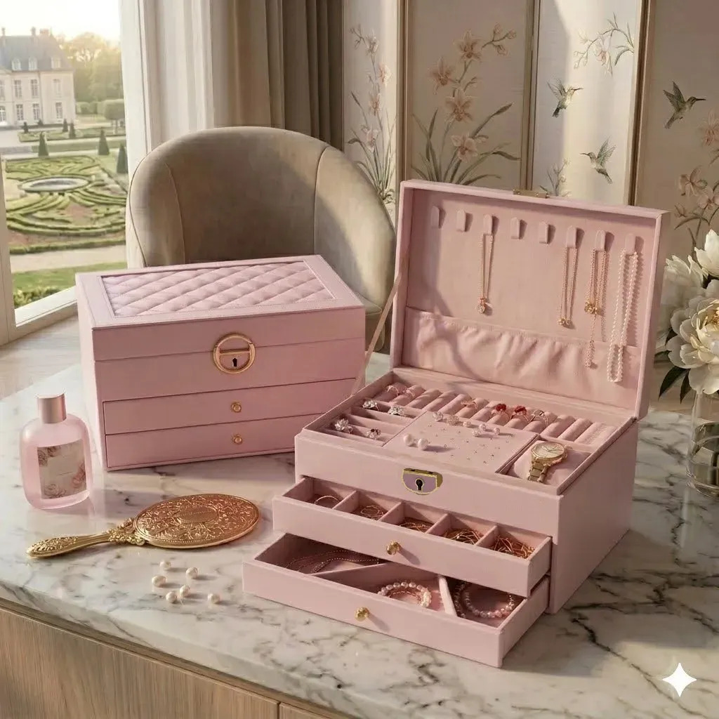 Porta Joias 3 Camadas Couro Caixa De Jóias Feminina Cor Rosa