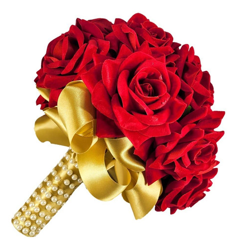 Buquê De Noiva Rosas Vermelhas Cetim Dourado Com Perolas
