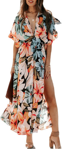 Maxi Vestido Casual Largo Estampado Naranja Manga Flores