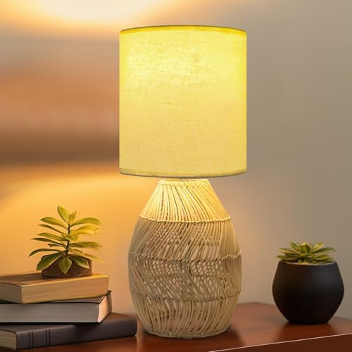 Lámpara De Mesa De Ratán Regulable Con Pantalla De Tela Blan