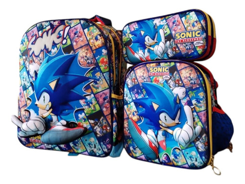Kit Mochila Lonchera Lapicera Primaria Sonic Luz 3d Ruz Azul Impresion 3d