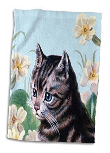 Lindo Gatito Gris Con Rosa 3d-arte Vintage Gato Atigrado Con