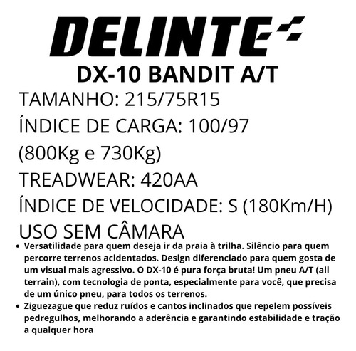 Pneu Delinte Aro R15 215/75r15 100/97s Dx-10 A/t Bandit