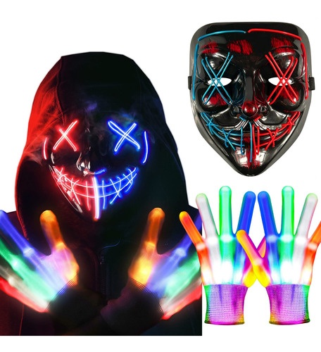 Guantes De Esqueleto Con Máscara De Miedo Con Luz Led Para H