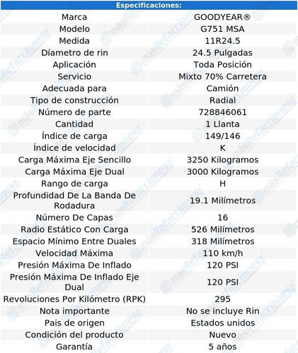 Llanta Camión 11r24.5 149/146k Goodyear G751 Msa
