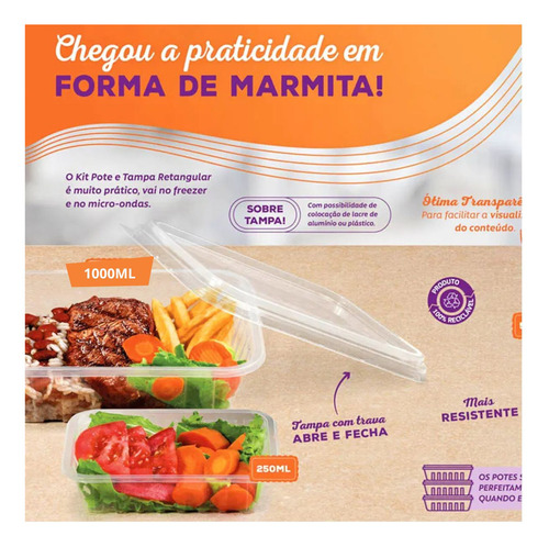 Pote Retangular Para Marmita Fit 1000ml Kit C/ 50un Cor Transparente