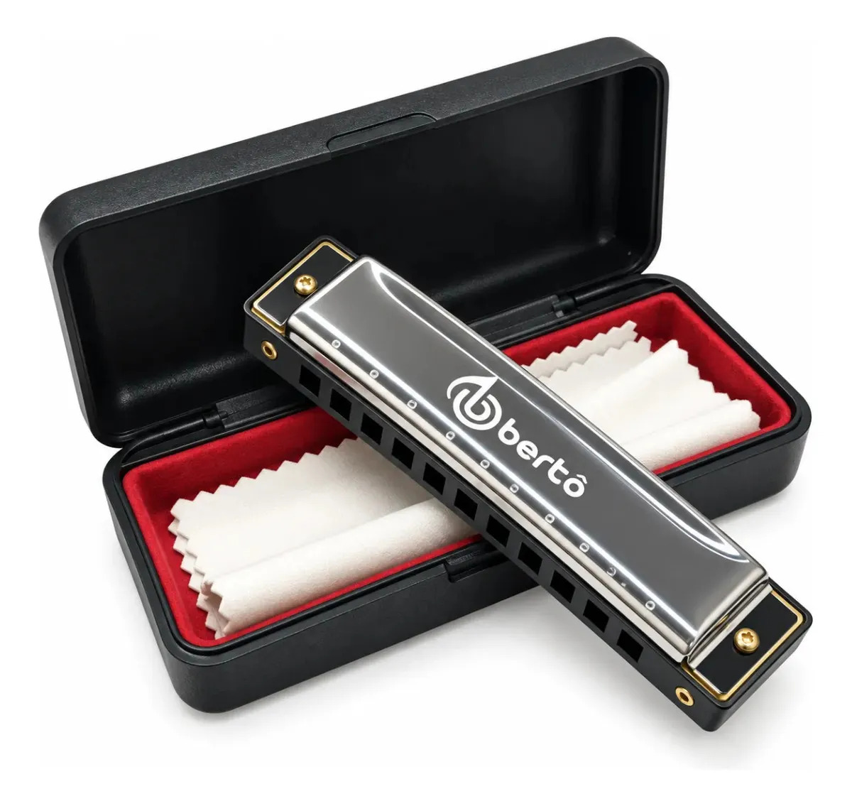 Gaita de Boca Diatônica Bertô Harmônica Profissional Premium em Dó C 10 Furos 20 Tons Cromada para Blues Folk Rock com Estojo