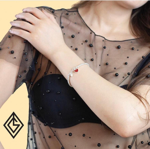 Imagen 7 de 10 de Pulsera Bolitas Dije Corazón Rojo Plata .925 Agálea Joyería