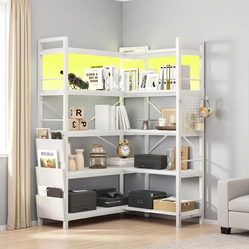 Librero Esquinero De 5 Niveles Con Luz Led Y Organizador Blanco