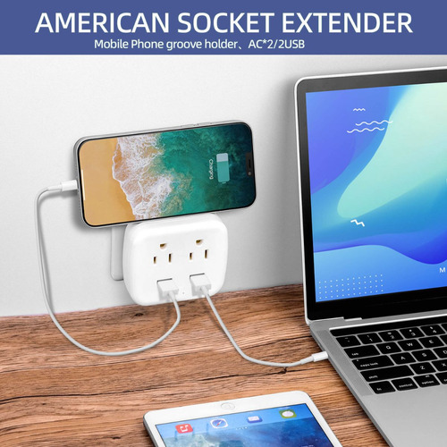 Enchufe Múltiple 2 Usb 2 Salidas Extensión De Pared