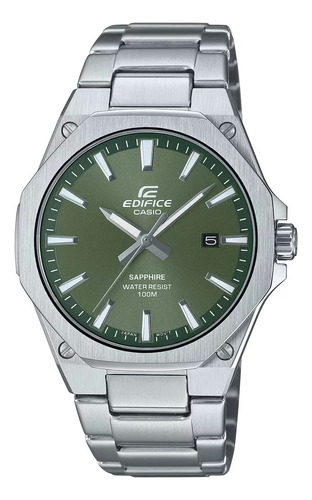 Relógio de aço inoxidável Casio Edifice Efr-S108d-3a Wr100 Silver Mesh Silver Mesh Silver Bezel Moss Green Background