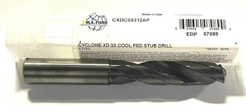 M.a. Ford 17/32  Solid Carbide Stub Drill Coolant Fed Cy Zts