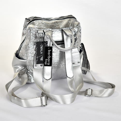 Mochila Mujer Simil Cuero Bolsillos Plateada Barbara Bags