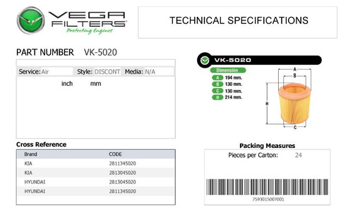 Filtro De Aire Para Hyundai H-100 Bachaco (vk-5020)