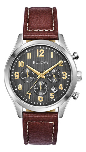 Bulova Reloj Para Hombre, Plateado/marrón, Correa De Cuero.