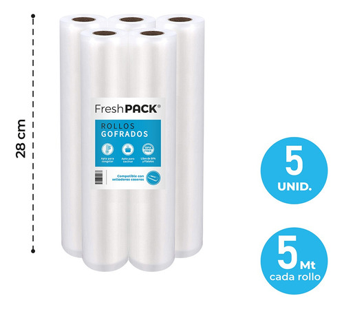 Pack 5 Rollos Gofrados 28cms X 5mts Para Envasado Al Vacío