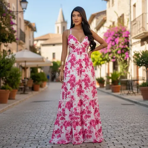 Vestido Longo Feminino Floral Estampado Alcinha Decote Verão