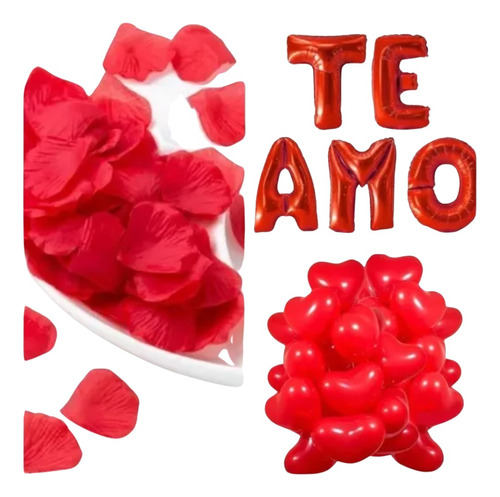San Valentín 25 Globos Corazón 200 Pétalos De Rosa + Te Amo