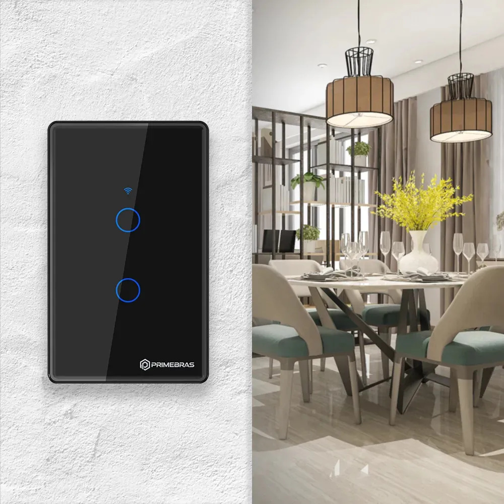 Interruptor Inteligente WiFi Primebras com 2 Botões Touch, Integração Tuya Smart Life, Alexa e Google Assistente, Controle por Aplicativo, Cor Preta, Automação Residencial e Design Moderno para Parede