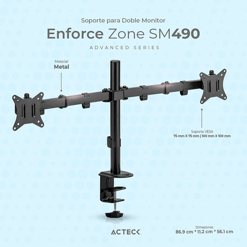 Soporte De Escritorio Acteck Enforce Zone Sm490 Para Monitor Doble Ajustable Negro Ac-934602