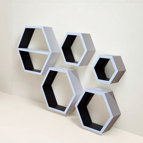 Set 5 Estantes Hexagonales +kit Instalacion Artesanal Blanco Y Negro