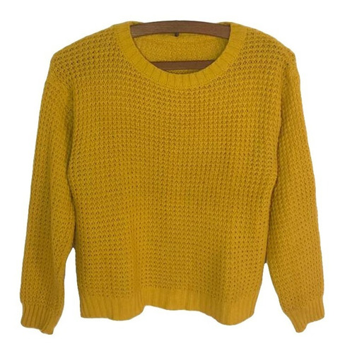 Sweater Calado Manga Larga Cuello Redondo Color Mostaza