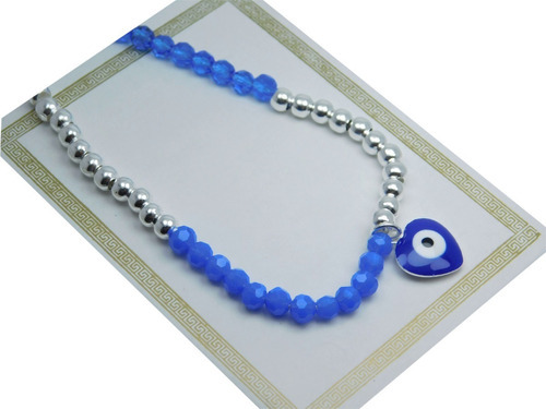 Pulsera Acero Blanco Con Dije Turco Corazón Azul 