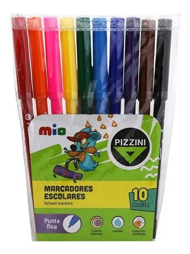 Kit Marcadores Largos X 10 Colores Pizzini Mio Escolar Byp