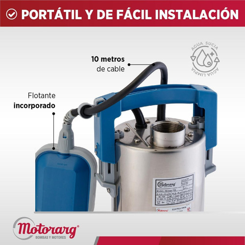 Imagen 5 de 11 de Bomba Desagote Agua Limpia Motorarg Sd Inox 750 1 Hp