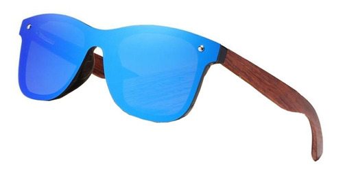 Óculos de sol polarizados Kingseven B5504 armação de plástico cor preto, lente azul de policarbonato espelhada, haste madeira de madeira