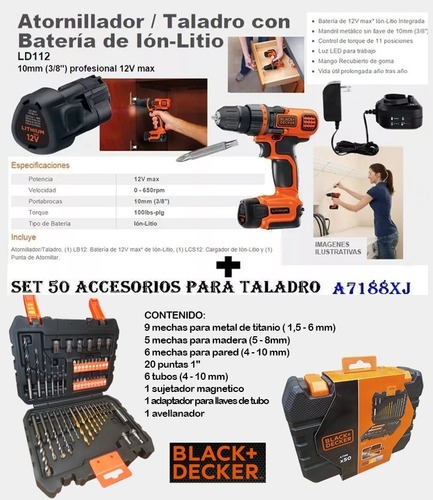 Taladro Atornillador 12v Litio +50 Accesorios Black Decker