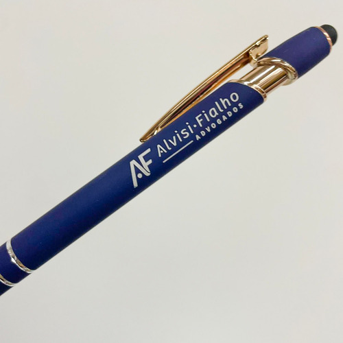 Kit 15 Caneta Metal Personalizada Logo Empresa Presente Tinta Azul Exterior Prata Com Dourado