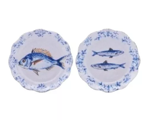 Jogos 2 pratos de peixes decorativos cerâmica ocean azul 28X13 CM