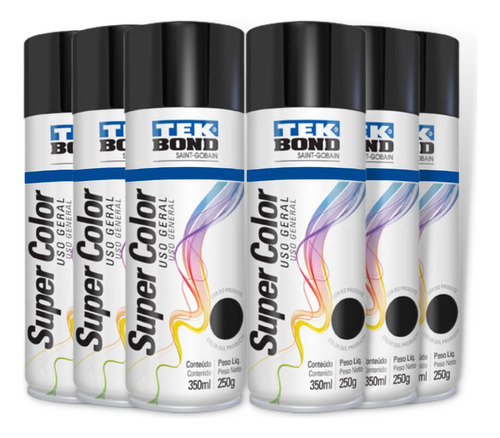 Tinta Spray Tek Bond Preto Fosco Uso Geral 350ml Emb. C/ 06