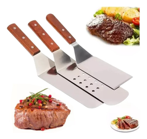 Espatula Volteadora Cocina Plancha Acero Inoxidable 3pcs