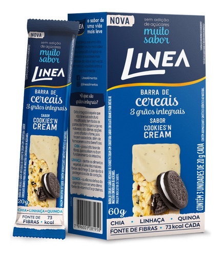 Barra de cereal Linea  sabor cookies'n cream cobertura chocolate branco 20 g pacote x 3