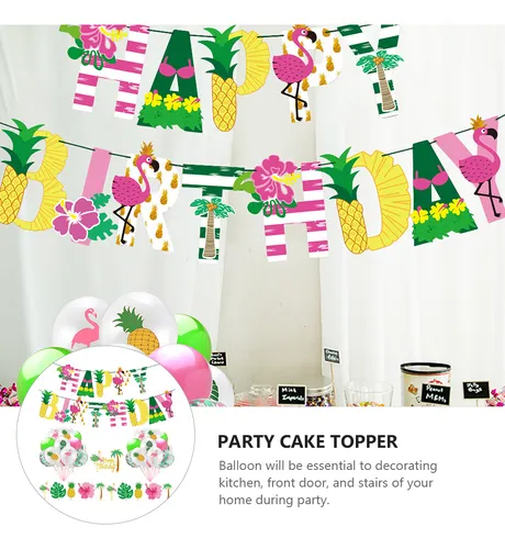 Happy Birthday Banner Balloons Hawaiian Decoration Top Hat