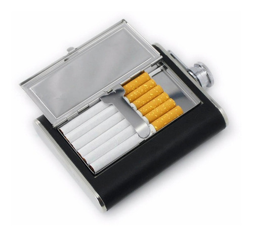 Licorera 6 Oz. Acero Inox. Apertura Cigarros. Negro. 