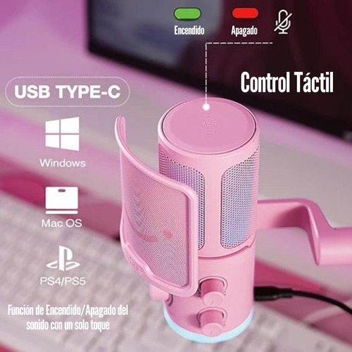 Micrófono Fifine Ampligame Tam6 Rgb Usb (incluye Brazo) Pink