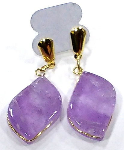 Imagem 1 de 2 de Brincos De Pedra Ametista Natural 4cm Folheado A Ouro R488