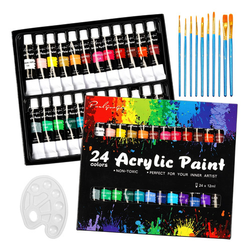 24 Colores Kit De Pintura Acrilica Con 10 Pincel Y 1 Paleta