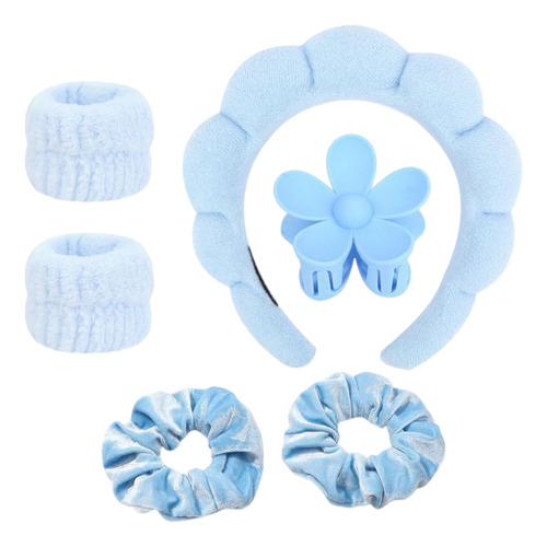 6pz Diadema Spa Skincare Con Muñequeras Maquillaje Cara Azul Claro Diadema