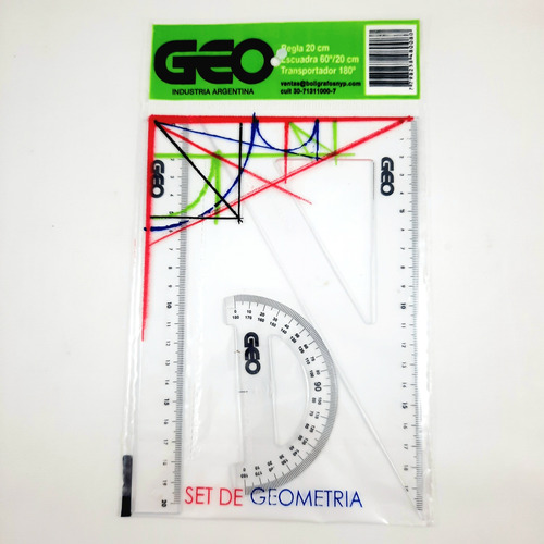 Set Kit Geometría 3 Piezas Geo Regla Escuadra Transportador 