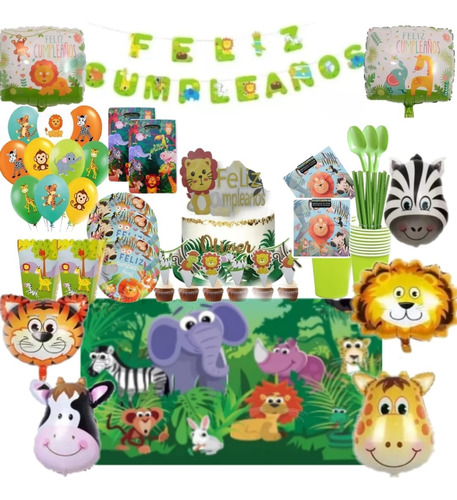 Pack Cumpleaños Jungla Safari Animales Selva X12 Globifiesta