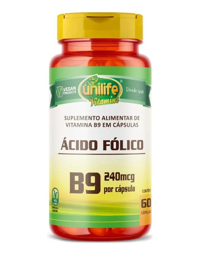Vitamina B9 Ácido Fólico Unilife 60 Cápsulas