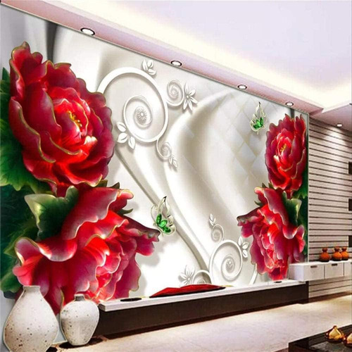 Mural Pared Flor Roja 3d Rosa Joya Papel Pintado Extraible